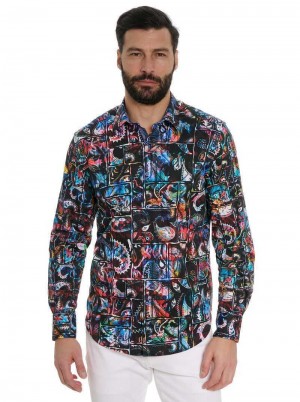 Black Robert Graham Paisley Bricks Long Sleeve Button Down Shirt | 608179NCB