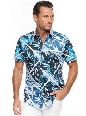 Blue Robert Graham Blue Palm Short Sleeve Button Down Shirt | 309826XFQ