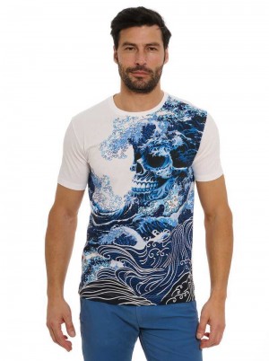 Blue Robert Graham Skull Wave T-shirt | 231574CHJ