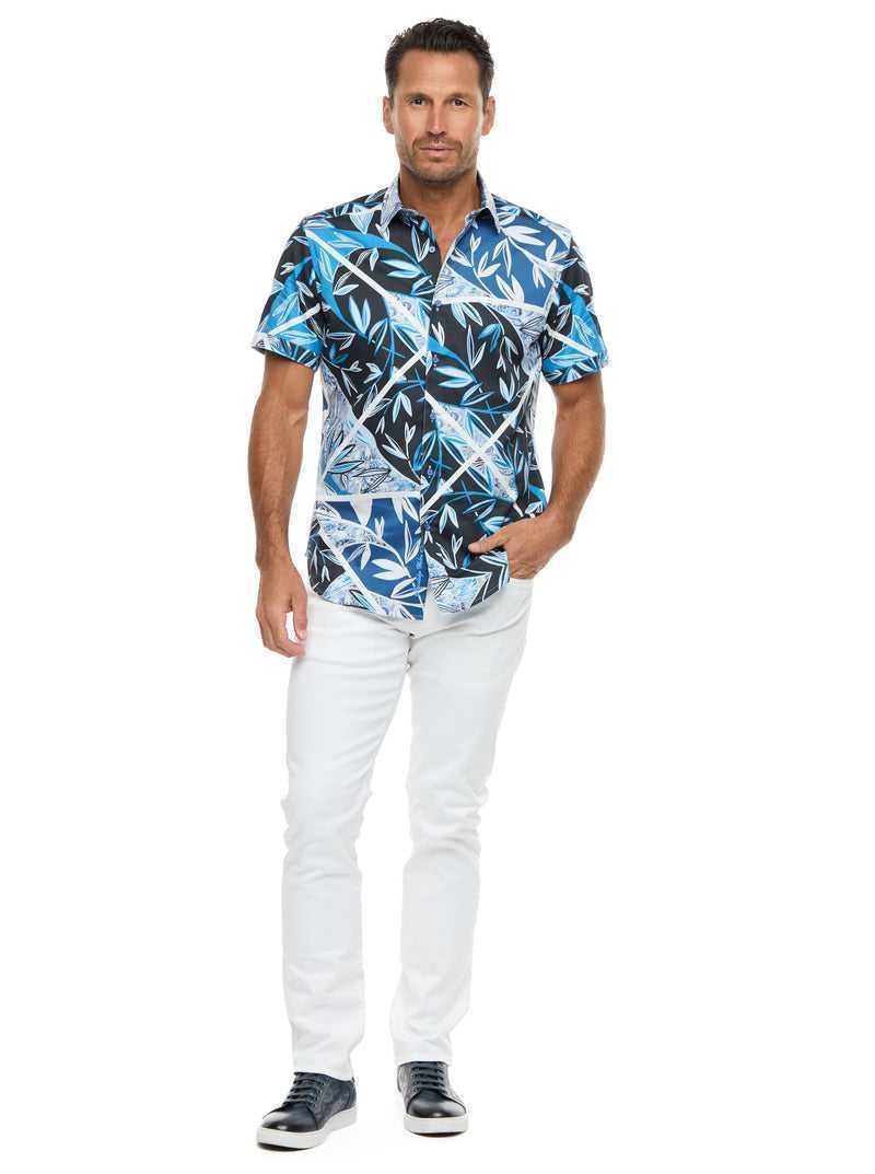 Blue Robert Graham Blue Palm Short Sleeve Button Down Shirt | 309826XFQ